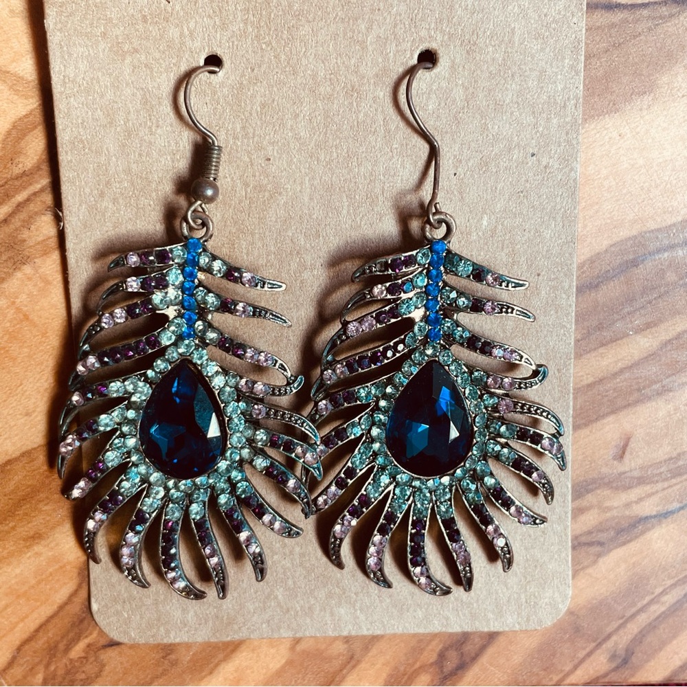 Eye Candy Los Angeles Crystal Peacock Feather Drop Earrings